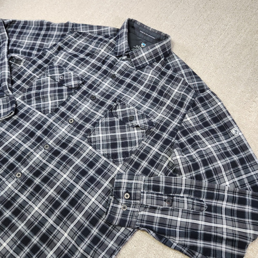 Kuhl Shirt Men Large Dillingr Flannel Gray Plaid‎ Button Up Hiking Outdoor